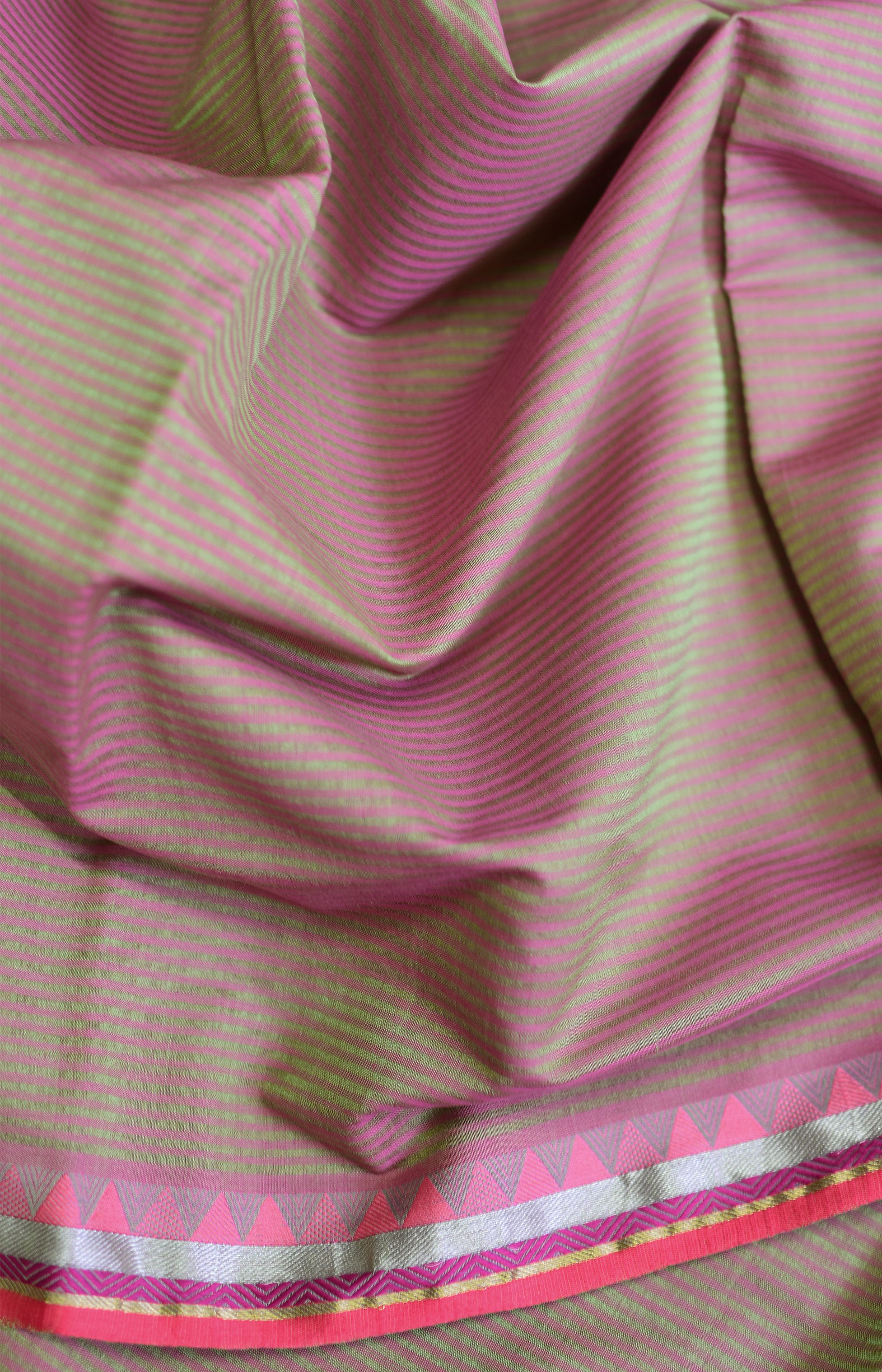 Pinkish Green, Handwoven Organic Cotton, Plain Weave , Jacquard, Work Wear, Striped Saree